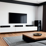 **A sleek, modern living room setup featuring a subwoofer seamlessly integrated into the decor, enhancing the home theater experience. Focus on the visual impact of deep bass, perhaps with subtle sound waves emanating from the subwoofer.**