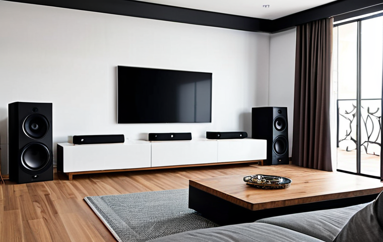 **A sleek, modern living room setup featuring a subwoofer seamlessly integrated into the decor, enhancing the home theater experience. Focus on the visual impact of deep bass, perhaps with subtle sound waves emanating from the subwoofer.**