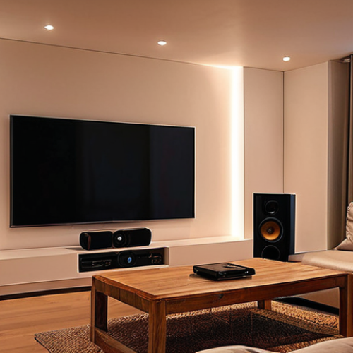 **

"A cozy living room setup with a 5.1 surround sound system. The TV is mounted on the wall, and the front left and right speakers are positioned on stands flanking the TV. The center speaker sits below the TV. Surround speakers are placed on stands behind the couch. A subwoofer is tucked into a corner of the room. Soft, warm lighting creates an inviting home theater atmosphere. Focus on showcasing the speaker placement within a typical Dutch living room interior design aesthetic."

**
