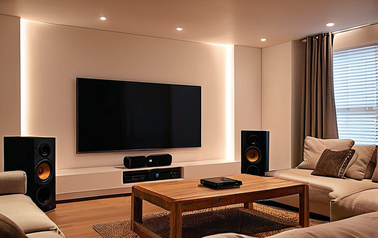 **
"A cozy living room setup with a 5.1 surround sound system. The TV is mounted on the wall, and the front left and right speakers are positioned on stands flanking the TV. The center speaker sits below the TV. Surround speakers are placed on stands behind the couch. A subwoofer is tucked into a corner of the room. Soft, warm lighting creates an inviting home theater atmosphere. Focus on showcasing the speaker placement within a typical Dutch living room interior design aesthetic."
**