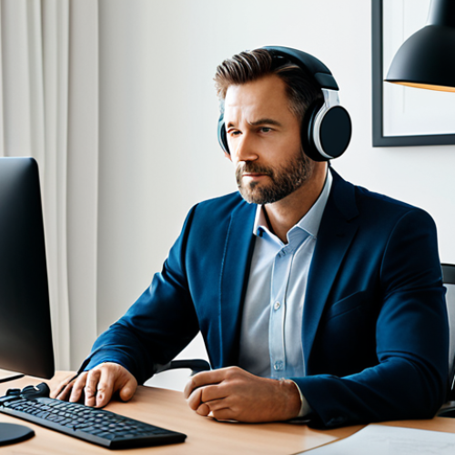 A professional adult, deeply focused, wearing high-quality over-ear headphones. The subject is in a modern, minimalist home office or personal study, bathed in soft, inviting natural light. Subtle, abstract glowing lines or a gentle aura around the headphones suggest immersive sound. The subject is fully clothed in modest, professional, business casual attire. Perfect anatomy, correct proportions, natural pose, well-formed hands, proper finger count, natural body proportions, professional photography, high-resolution, sharp focus, safe for work, appropriate content, family-friendly, appropriate attire, professional dress.