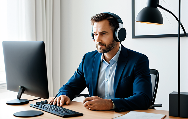 A professional adult, deeply focused, wearing high-quality over-ear headphones. The subject is in a modern, minimalist home office or personal study, bathed in soft, inviting natural light. Subtle, abstract glowing lines or a gentle aura around the headphones suggest immersive sound. The subject is fully clothed in modest, professional, business casual attire. Perfect anatomy, correct proportions, natural pose, well-formed hands, proper finger count, natural body proportions, professional photography, high-resolution, sharp focus, safe for work, appropriate content, family-friendly, appropriate attire, professional dress.